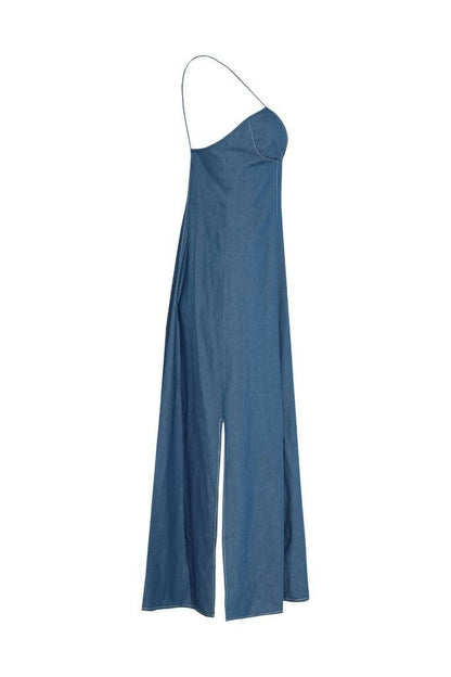 the side of a long denim dress with straps