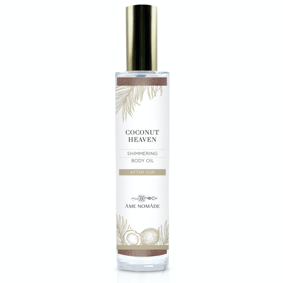 A glass bottle of AME NOMADE Coconut heaven after-sun Shimmering Body Oil 100 ml 