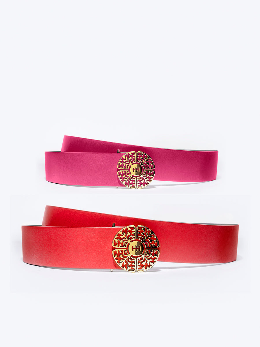 Red Belt and Pink Belt with big golden round buckle by HELIA