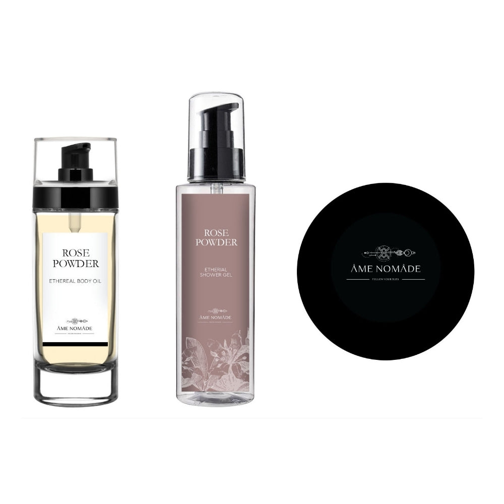 AME NOMADE For the love of Rose Powder Gift set Bulgarian rose, and earthy amber with our 200ml shower gel, 100ml body oil, and 200ml body scrub