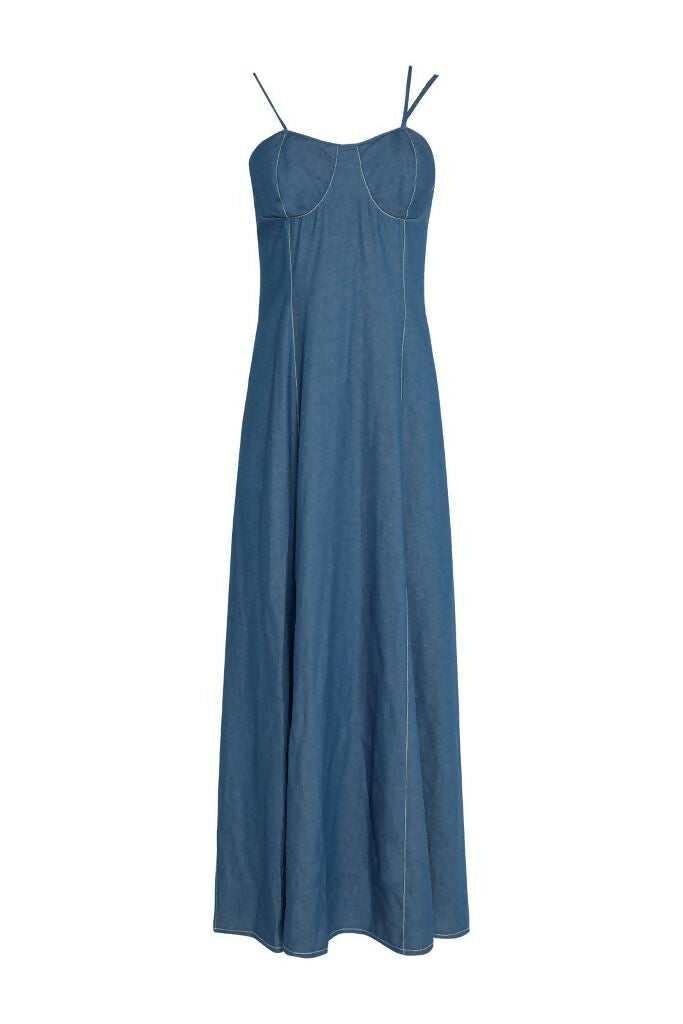 long denim dress with straps