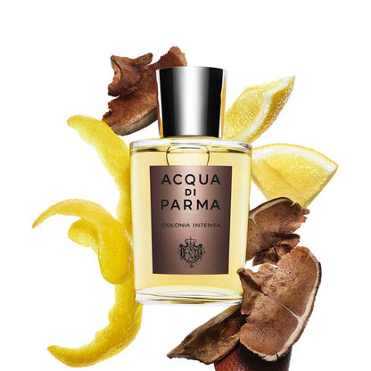 Acqua Di Parma Colonia Intensa white background with ingredients