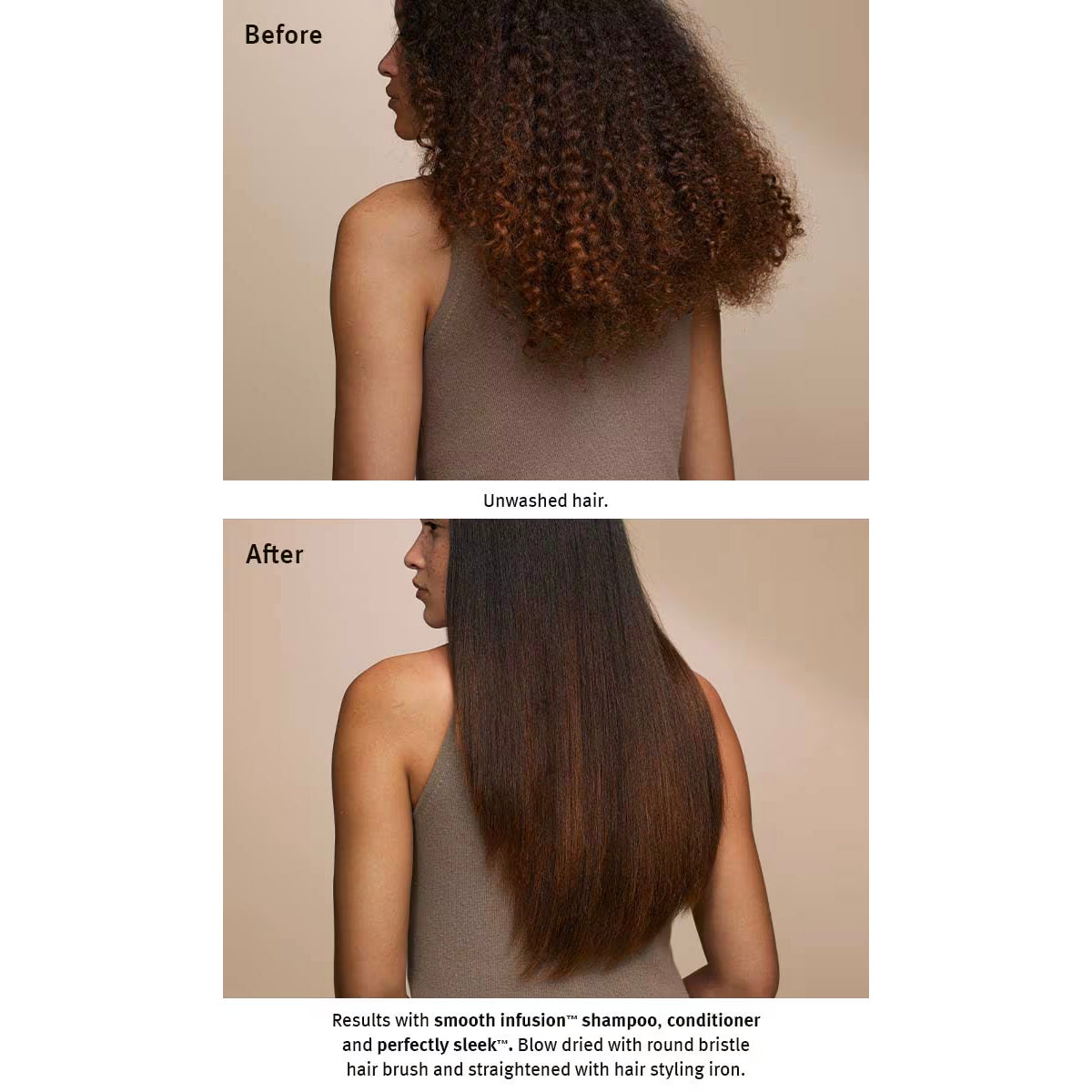 a pic of woman with dark brown hair before and after using the aveda anti frizz conditioner