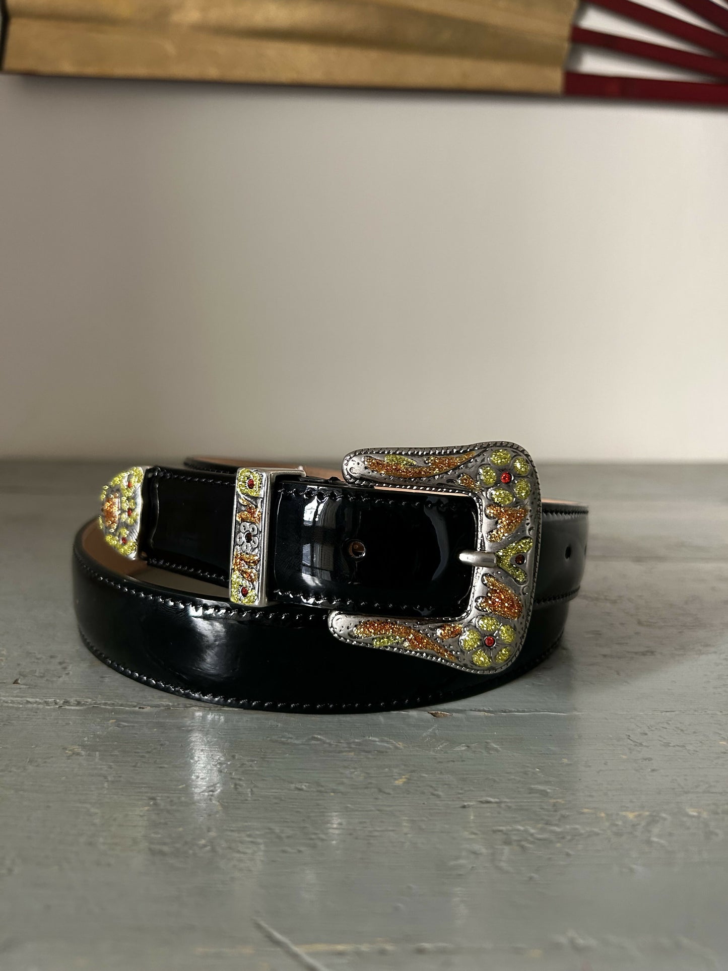 Sable Rodeo Belt – Black Patent Leather & Mustard/Orange