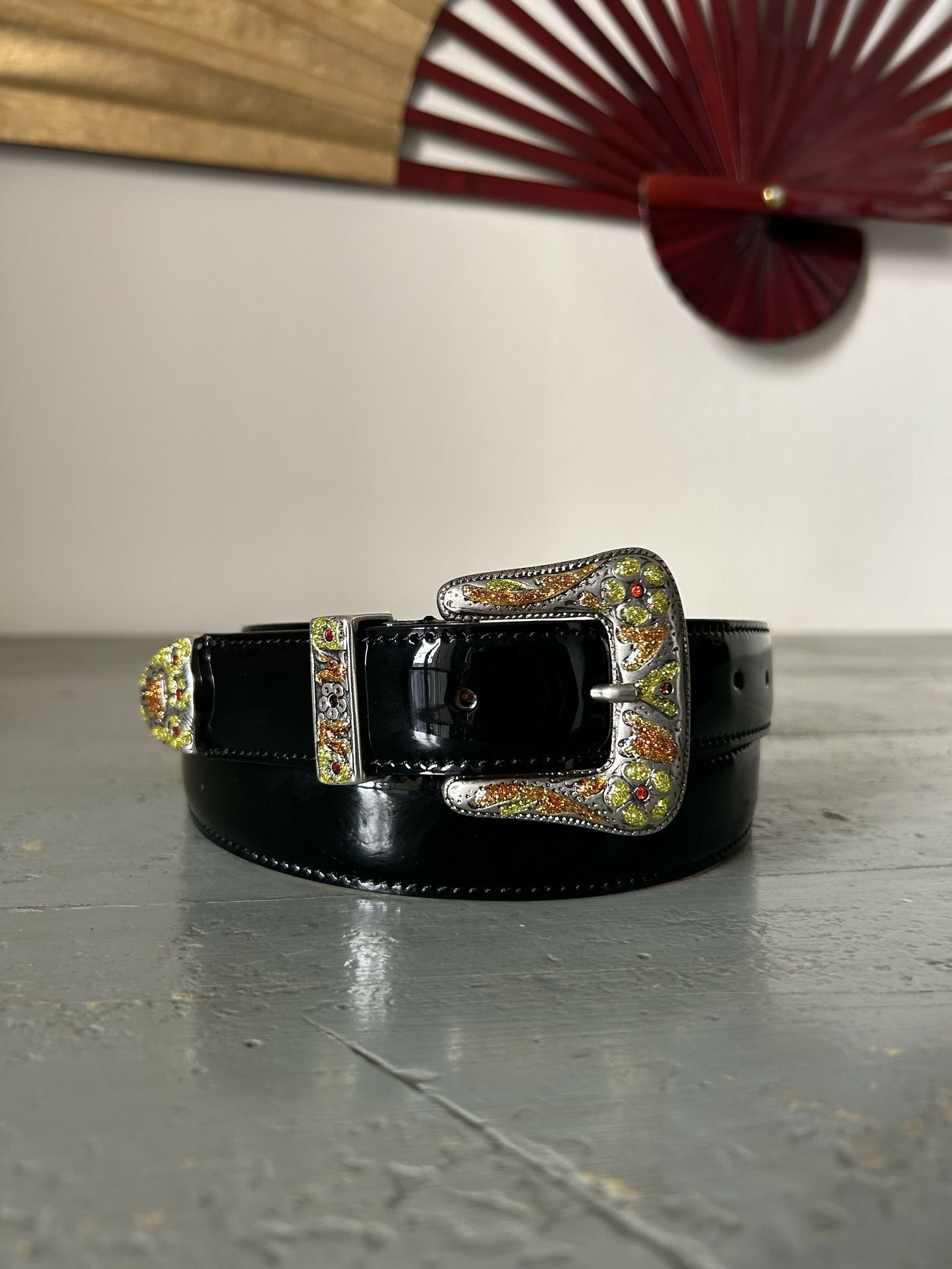 Sable Rodeo Belt – Black Patent Leather & Mustard/Orange