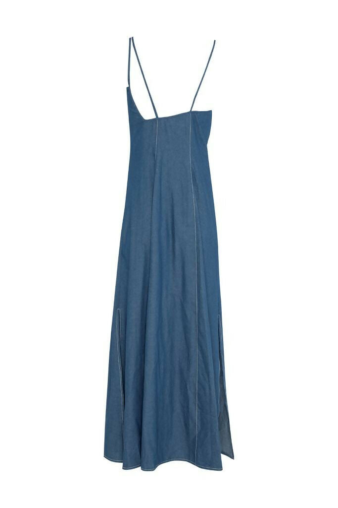 the back of a long denim dress with straps