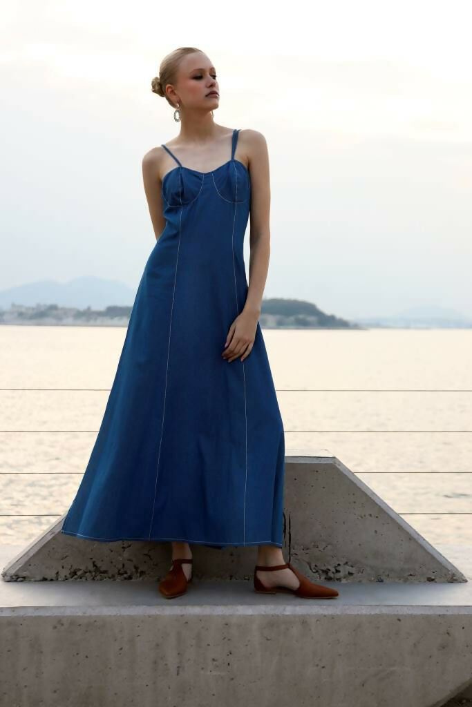 long denim dress with straps